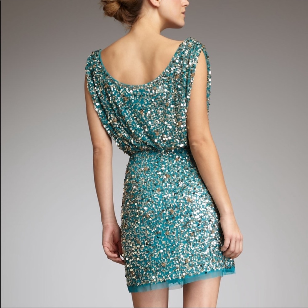 AIDAN MADDOX TEAL GOLD SEQUIN COCKTAIL DRESS